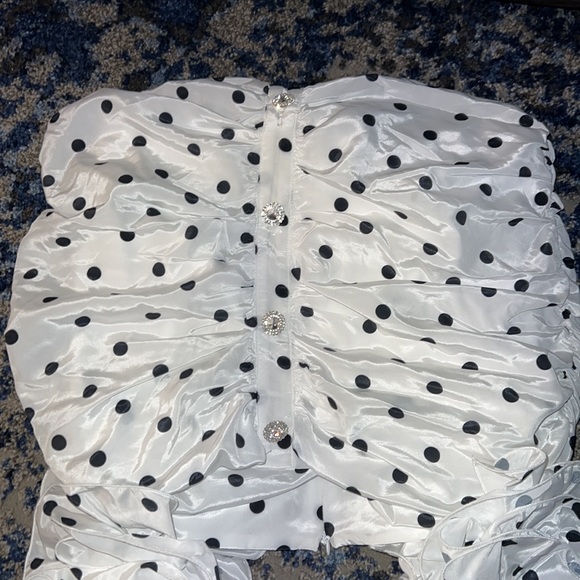 Polka-Dot Ruffled Ruched Silk-like Mini Dress - Picture 8 of 8